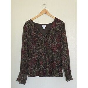 LOFT Silk Floral Blouse Womens 14 Boho Bell Sleeve Sheer Lightweight